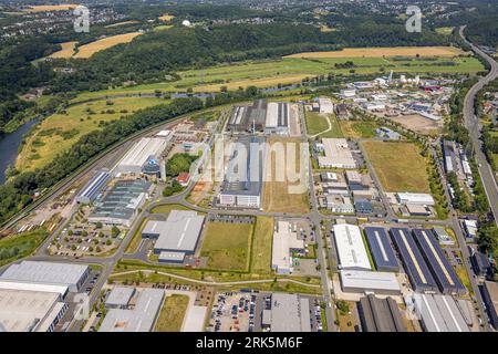 Vista aerea, parco industriale e parco paesaggistico di Henrichshütte, Hattingen, zona della Ruhr, Renania settentrionale-Vestfalia, Germania, Bridge, DE, distretto di Ennepe-Ruhr Foto Stock