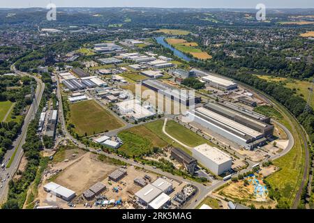 Vista aerea, parco industriale e parco paesaggistico di Henrichshütte, Hattingen, zona della Ruhr, Renania settentrionale-Vestfalia, Germania, Bridge, DE, distretto di Ennepe-Ruhr Foto Stock