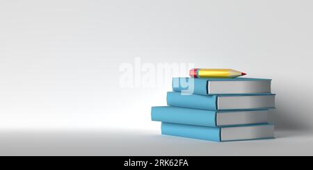 Una pila di libri blu e una matita sopra di essa per un concetto di ritorno a scuola su sfondo bianco, spazio di copia. Illustrazione orizzontale didattica 3D. Foto Stock