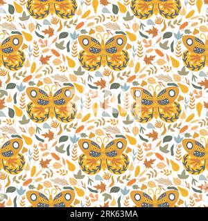 Farfalle e foglie di sfondo boho. Motivo autunnale senza cuciture con le tarme. Stampa colorata botanica con fogliame autunnale per tessuti e confezioni Illustrazione Vettoriale