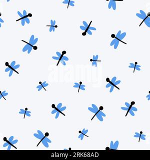 Carino motivo con libellule su bianco. Insetti primaverili modello bambini disegnato a mano. Modello primavera per bambini in blu. Illustrazione vettoriale Illustrazione Vettoriale