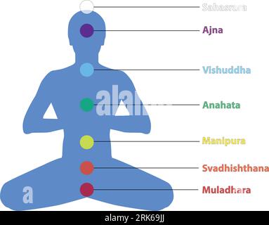 Sette chakra sulla silhouette yogi meditata. Questi sono simboli di religione, filosofia e spiritualità. illustrazione vettoriale. Illustrazione Vettoriale