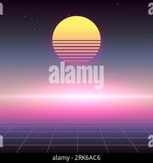 Tramonto al neon, griglia digitale in primo piano e cielo stellato. Viaggio visivo indietro agli anni '80 Grafica ispirata a Synthwave. Immagine vettoriale futuristica SciFi. Illustrazione Vettoriale