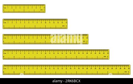 righelli in pollici e metrici. Centimetri e pollici scala di misurazione indicatore metriche cm. Righelli in pollici e metrici. Centimetri e pollici scala di misurazione cm Illustrazione Vettoriale