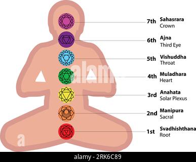 Sette chakra sulla silhouette yogi meditata. Questi sono simboli di religione, filosofia e spiritualità. illustrazione vettoriale. Illustrazione Vettoriale