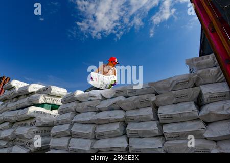 ORDOS, CINA - 24 AGOSTO 2023 - Un lavoratore carica un camion con il sale del lago presso la fattoria di sale Beidechi a Ordos, Mongolia interna, Cina, 24 agosto 2023. Beide Foto Stock