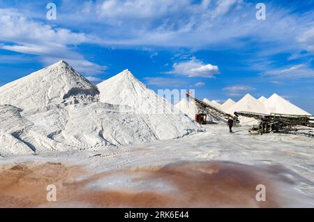 ORDOS, CINA - 24 AGOSTO 2023 - i lavoratori sorvegliano le attrezzature presso la fabbrica di sale Beidechi di Ordos, Mongolia interna, Cina, 24 agosto 2023. Il sale Beidechi f Foto Stock