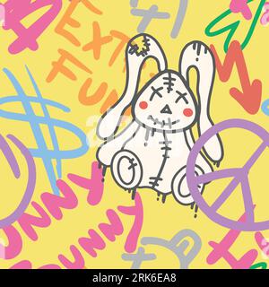 Graffiti slogan Funny Bunny Doll, Extra Fun seamless Pattern with White Teddy Rabbit. Urban typography print with street art slogans. Abstract graphic underground design for t-shirts and sweatshirt for teenagers. Illustrazione Vettoriale