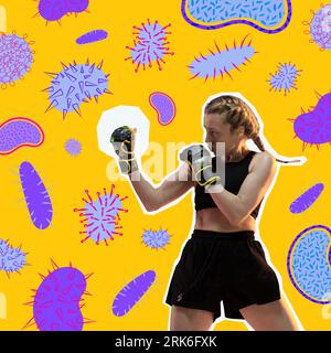 Contemporary art collage. Athletic, fit girl in boxing gloves in static pose fights with harmful bright bacteria. Foto Stock