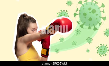 Contemporary art collage. Athletic, fit girl in boxing uniform, gloves fights with harmful bright bacteria. Foto Stock