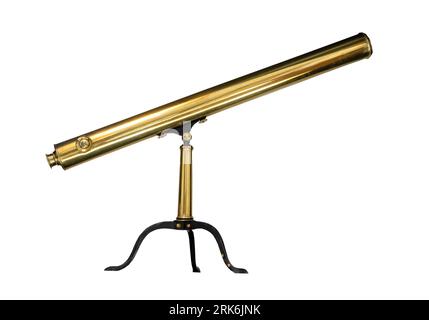 Golden telescope isolated on white background. Old spyglass cutout clipping path. Stock Photo