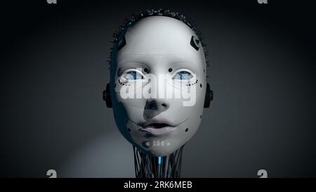 Front view of head of female humanoid robot with white glowing plastic skin, blue eyes and illuminated circuitry in her skull against dark background Stock Photo