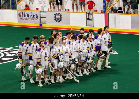 Edmonton, Canada. 22nd Aug, 2023. Coquitlam Adanacs (White/Yellow) line up during the Minto Cup between Burlington Blaze and Coquitlam Adanacs at Bill Hinter Arena. Final score; Burlington Blaze 10:8 Coquitlam Adanacs. (Photo by Ron Palmer/SOPA Images/Sipa USA) Credit: Sipa USA/Alamy Live News Stock Photo