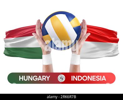 Concetto di gara di pallavolo e pallavolo tra Ungheria e Indonesia. Foto Stock