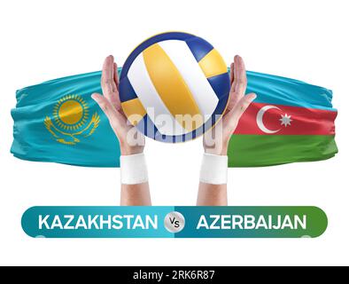 Concetto di gara di pallavolo e pallavolo tra le squadre nazionali del Kazakistan e dell'Azerbaigian. Foto Stock