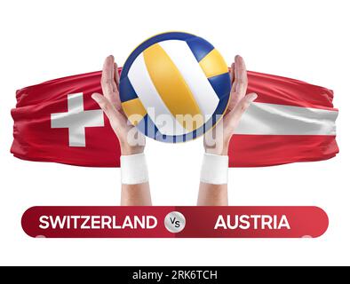Concetto di gara di pallavolo e pallavolo per squadre nazionali Svizzera-Austria. Foto Stock