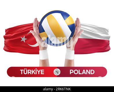 Concetto di competizione per le partite di pallavolo e pallavolo tra le squadre nazionali di Turkiye e Polonia. Foto Stock