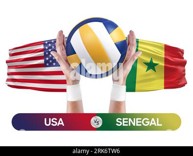 Concetto di competizione tra Stati Uniti e Senegal per partite di pallavolo e pallavolo. Foto Stock