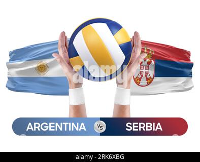 Concetto di gara di pallavolo e pallavolo per squadre nazionali Argentina vs Serbia. Foto Stock