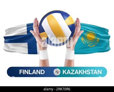 Concetto di gara di pallavolo e pallavolo tra le squadre nazionali della Finlandia e del Kazakistan. Foto Stock