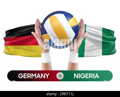 Concetto di gara di pallavolo e pallavolo per le squadre nazionali della Germania contro la Nigeria. Foto Stock