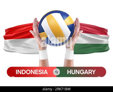 Concetto di gara di pallavolo e pallavolo tra le squadre nazionali Indonesia e Ungheria. Foto Stock