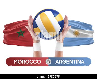 Concetto di gara di pallavolo e pallavolo delle squadre nazionali del Marocco contro l'Argentina. Foto Stock