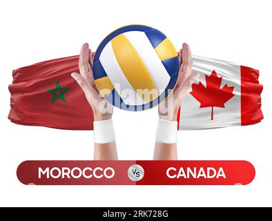 Concetto di gara di pallavolo e pallavolo delle squadre nazionali del Marocco vs Canada. Foto Stock