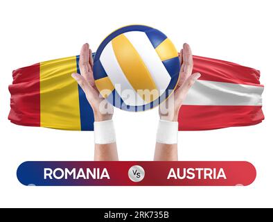 Concetto di gara di pallavolo e pallavolo delle squadre nazionali Romania-Austria. Foto Stock