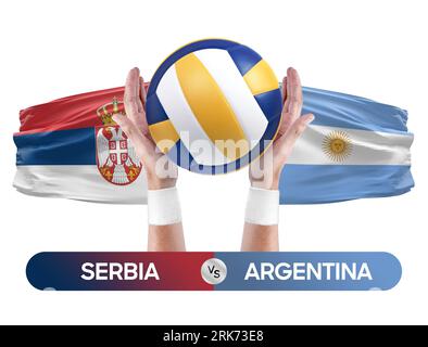 Concetto di gara di pallavolo e pallavolo delle squadre nazionali Serbia-Argentina. Foto Stock