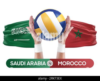 Concetto di competizione tra Arabia Saudita e Marocco per le squadre nazionali di pallavolo e pallavolo. Foto Stock
