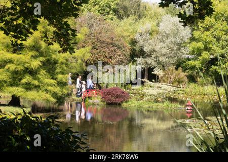 A family exploring Bennetts Water Gardens, water lily ponds and garden, Weymouth Dorset UK Stock Photo