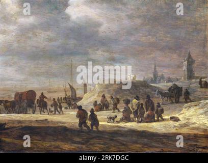 Pescatori e contadini su una spiaggia con un villaggio oltre il XVII secolo di Adriaen van der Cabel Foto Stock