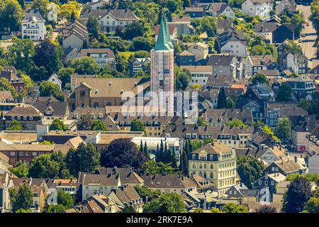 Vista aerea, Evang. Christuskirche, cantiere con ristrutturazione e campanile coperto, Schwelm, zona della Ruhr, Renania settentrionale-Vestfalia, Germania, Worsh Foto Stock