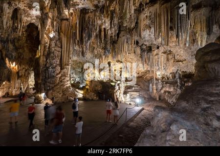 Magnificent view of the caves of Nerja, Andalusia, Spain. Inside we can see caverns with stalagtites and stalagmites throughout the cave. Stock Photo