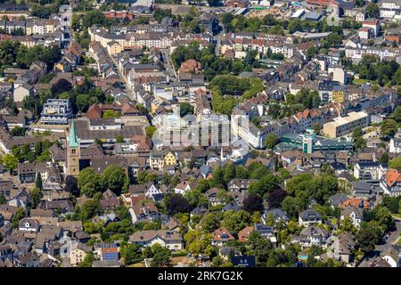 Vista aerea, Evang. Cantiere di Christuskirche con lavori di ristrutturazione e campanile coperto, nuovo municipio tra Neumarkt e Schuls Foto Stock