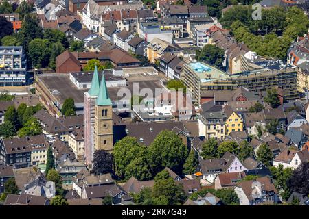 Vista aerea, Evang. Cantiere di Christuskirche con lavori di ristrutturazione e campanile coperto, nuovo municipio tra Neumarkt e Schuls Foto Stock