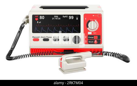 Defibrillatore semiautomatico esterno, defibrillatore elettronico automatico, rendering 3D isolato su sfondo bianco Foto Stock