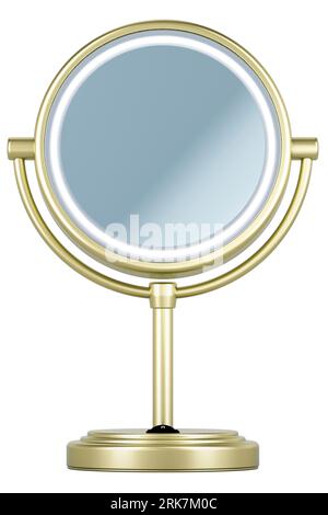 Specchio per il trucco illuminato, vista frontale. Rendering 3D isolato su sfondo bianco Foto Stock