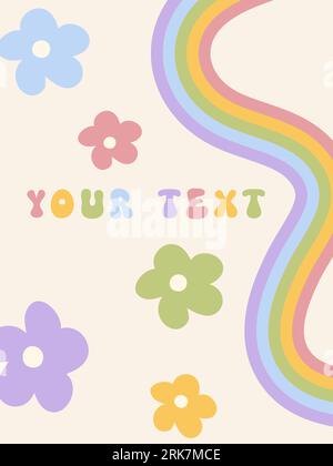 Poster fresco con arcobaleno, fiori e spazio per fotocopie. Design retrò con elementi hippie per banner, social media marketing, branding e copertina Illustrazione Vettoriale