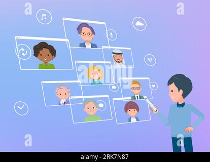 A set of dad communicating online using a smartphone.It's vector art so easy to edit. Illustrazione Vettoriale