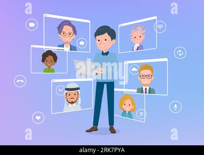 Una serie di papà che comunicano online utilizzando un notebook.è un'arte vettoriale facile da modificare. Illustrazione Vettoriale