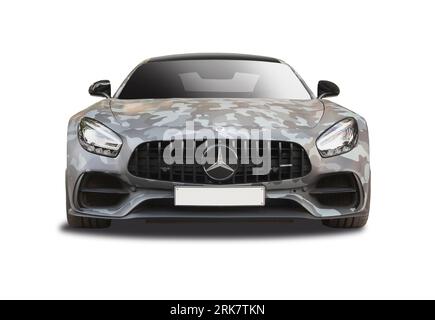 Vista anteriore Mercedes-Benz AMG GT isolata su sfondo bianco Foto Stock