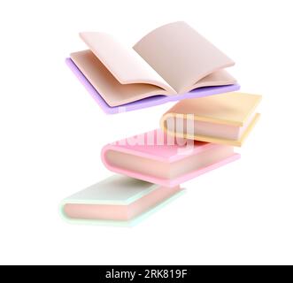 Pila di libri 3D che cadono in aria e un'icona a libro aperto. isolata trasparente png. Rendering della documentazione didattica. Leggendo l'istruzione torna a. Foto Stock