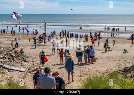 A large group of individuals gathered on the beach, with their backs to the camera, enjoying a sunny day by the sea Stock Photo