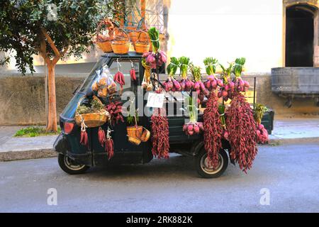 Antico vicolo motorizzato della tradizione italiana decorato con fiori Foto Stock