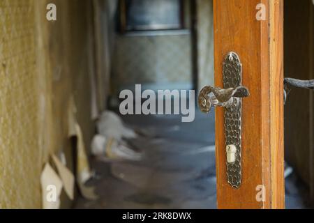 Una vecchia porta in legno con un grande pomello in metallo opacizzato Foto Stock