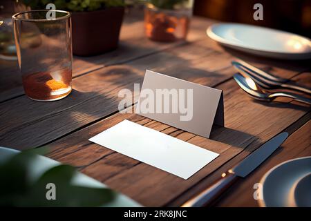 Carta bianca da tavola su un tavolo di legno su uno sfondo sfocato Foto Stock