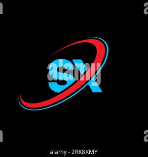 Logo SX S X Letter. Lettera iniziale SX, cerchio collegato, monogramma maiuscolo, rosso e blu. Logo SX, design S X. sx, s x Illustrazione Vettoriale