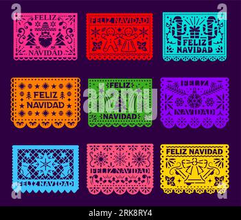 Feliz Navidad paper cut papel picado for Mexican holiday flag banners, vector decorations. Mexico fiesta papel picado papercut flags with Christmas tr Stock Vector